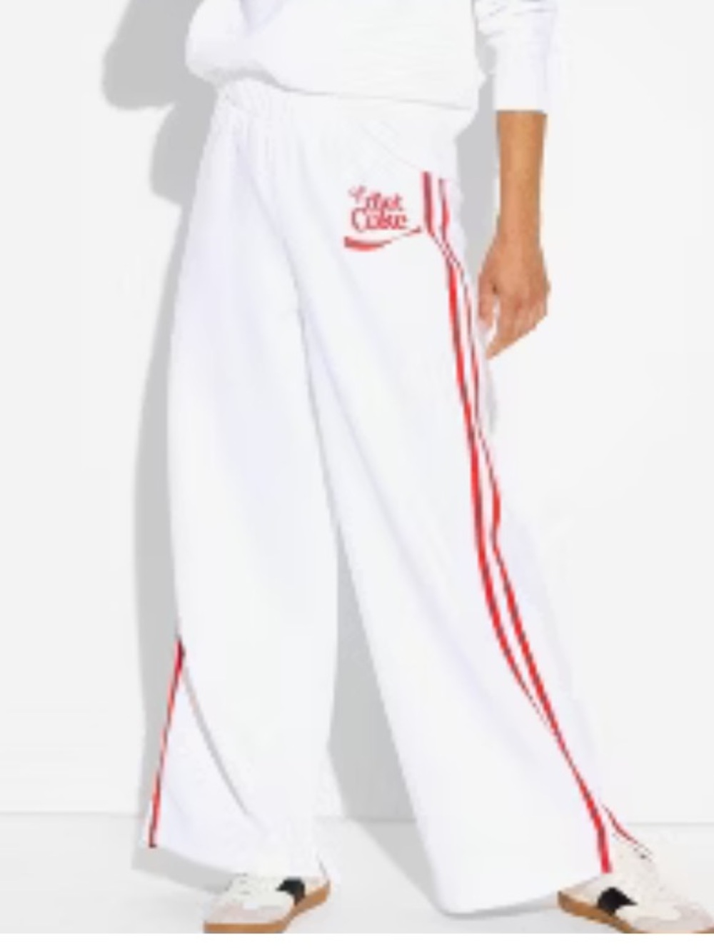 White Diet Coke Wide-Leg Track Pants with Red Side Stripes